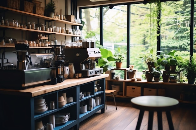 Foto all'interno della cucina pulita di un ristorante moderno o di un mini bar con utensili da cucina e un piccolo bancone bar