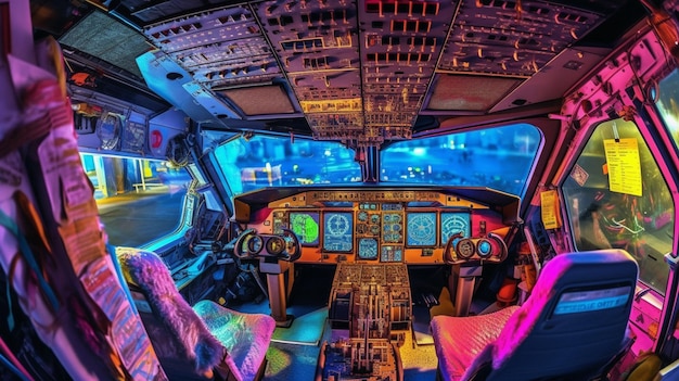 Photo inside a cockpit of a plane with the lights on