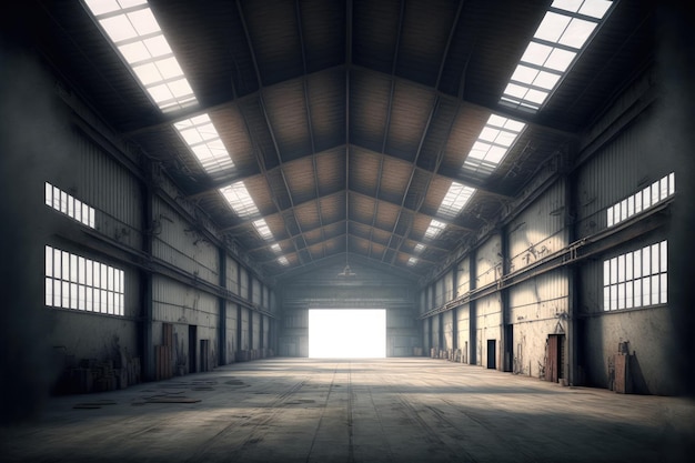 Inside empty warehouse or hangar with large structure for industrial background