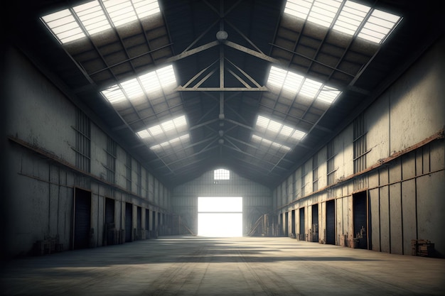 Inside empty warehouse or hangar with large structure for industrial background