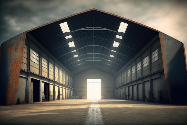 Inside empty warehouse or hangar with large structure for industrial background