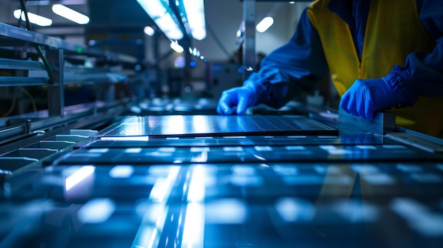 На фабрике рабочий управляет машиной, которая изготавливает идеальные однородные формы для солнечной энергии.