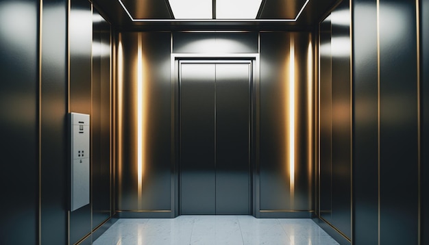 Photo inside a futuristic steel elevator with lights going up generative ai