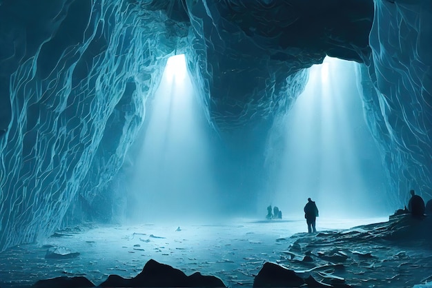 古代の凍ったガレオン船の氷河の洞窟の中