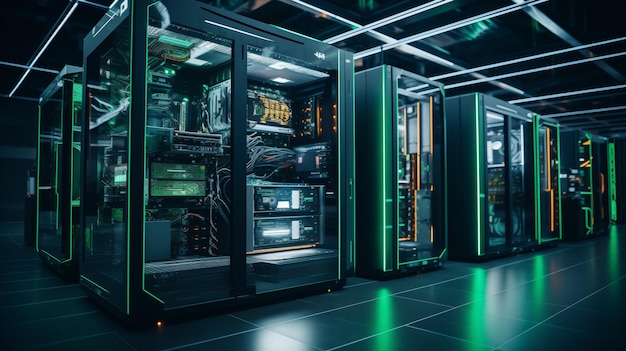 inside a high tech data center multiple rows of active server racks powering telecommunication cloud computing artificial intelligence and supercomputing technologies