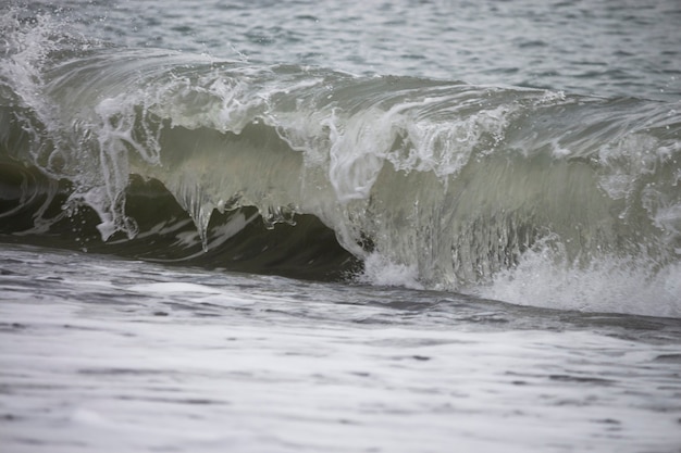 Фото Внутри полой океанской волны чистая океанская волна набегает на мелкие песчаные отмели.