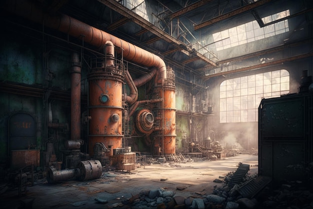 The inside of an industrial building with pipes and machinery Generative AI