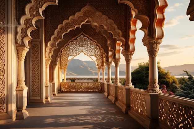 Photo inside interior of the mosque is an excellent example of traditional arch architecture generated ai