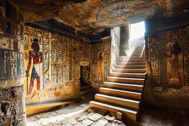 Photo inside king tuts tomb illuminated egyptian pyramid