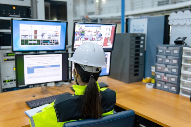 Inside the large Industry Factory Female Computer Engineer Works on Personal Computer She coding program for control machineThailand people work on fours monitorsProgrammer working with serious