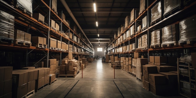 Inside a large warehouse for goods distribution and logistics