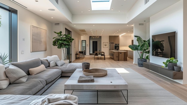 Photo inside the living room boasts a minimalistic interior with neutral grey tones and natural light