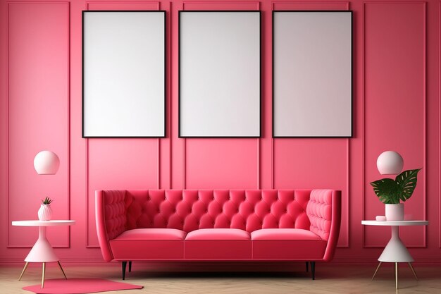 In the inside of a living room with a pink leather couch carpet floor lamp and coffee table on hardwood flooring there are three blank vertical posters on a red wall illustration