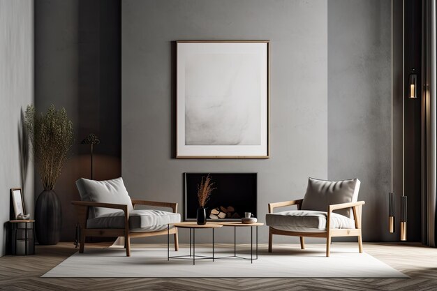 On the inside living rooms grey wall there are two empty canvases Fireplace coffee table two comfortable armchairs and trendy lamp floor made of concrete a notion for a contemporary home desig