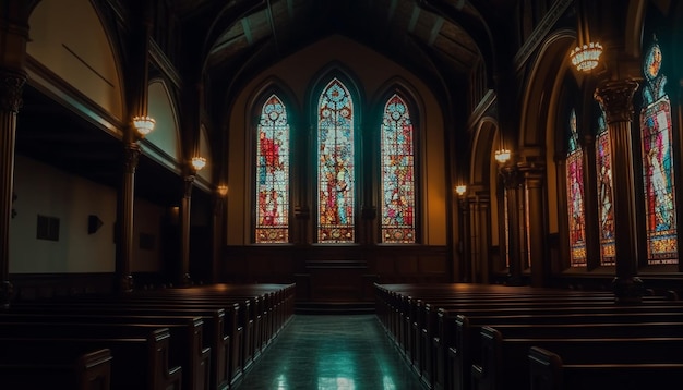 Inside the majestic Gothic style abbey the illuminated stained glass windows illuminate the silent chapel generated by artificial intelligence