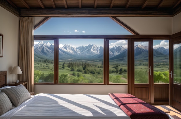 Inside of Modern Bedroom with Mountain Views