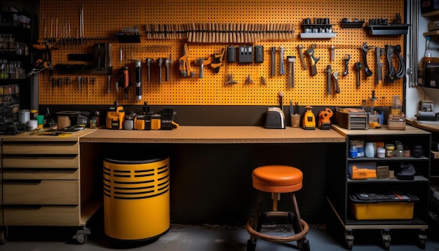 Inside the modern workshop a collection of woodworking equipment and tools generated by AI