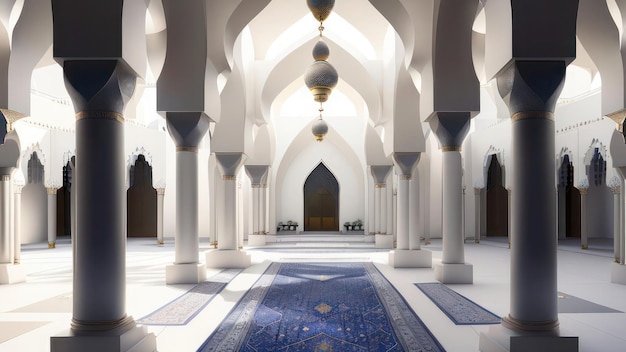 The inside of a mosque with blue carpet and columns.