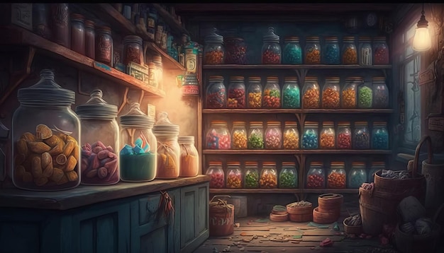 Inside an Old and Magical Sweet Shop. Generative AI.