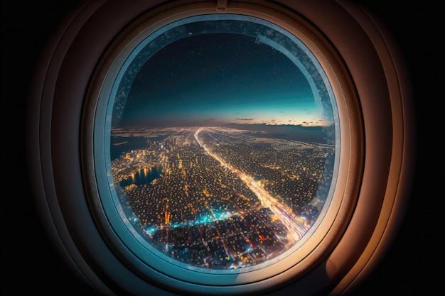 Внутреннее окно самолета под городским освещением Сделано с помощью генеративного ИИ