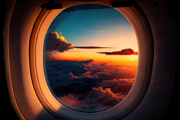 Inside plane window under sunset cloud Made with Generative AI