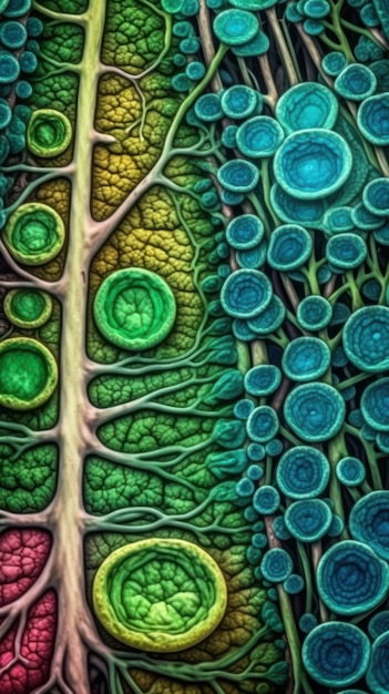 Foto all'interno di una cellula vegetale una visione vivida dei cloroplasti sotto un microscopio elettronico ia generativa