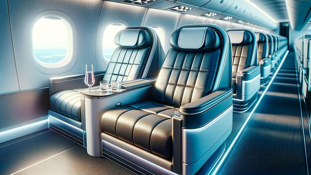 Inside a premium airplane cabin with views out the window