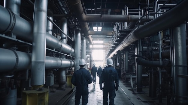 Inside a refinery production plant industrial workers or engineers walk by gas pipelines Generative AI