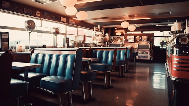 the inside of a restaurant with a sign that says " restaurant ".