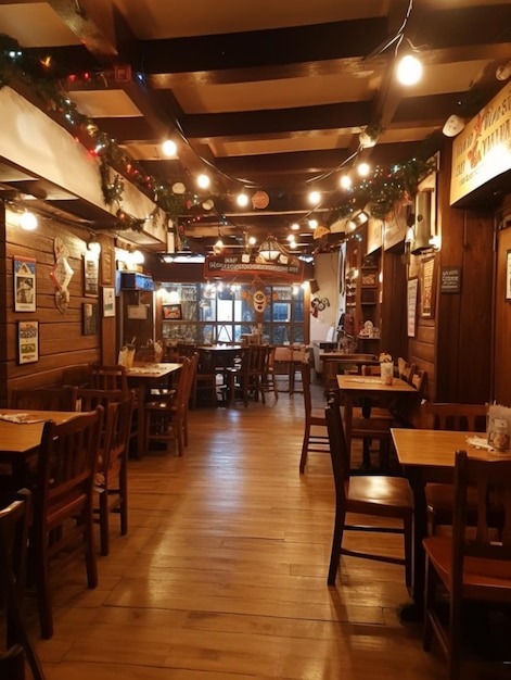 The inside of a restaurant with a sign that says'the word oktoberfest '