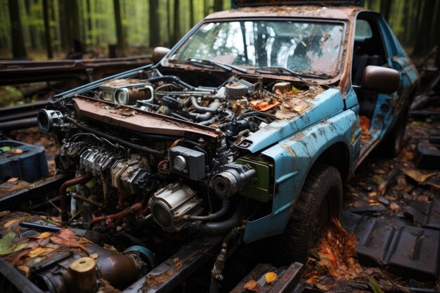 Foto all'interno del motore arrugginito del cofano dell'auto