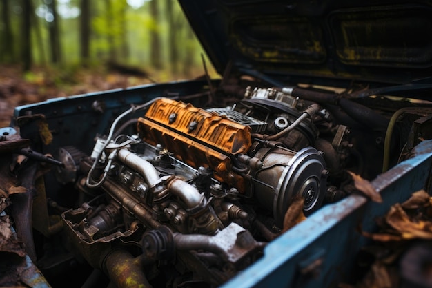 Inside rusty car hood show engine