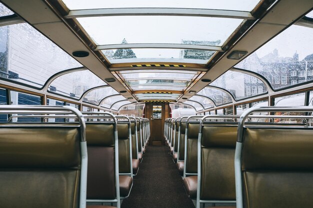 Inside shot of a bus with leather seats