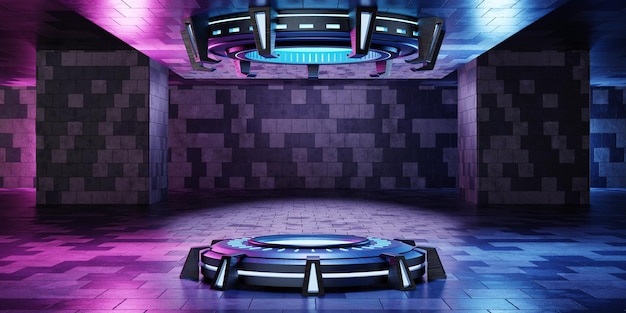 Inside spaceship laboratory with empty podium interior architecture with glowing neon for cyberpunk product presentation Technology and Scifi concept 3D illustration rendering