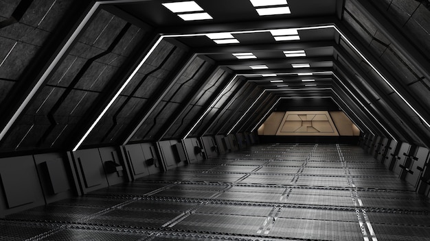 Inside spaceship or space station interior SciFi tunnel corridor with empty space 3D rendering