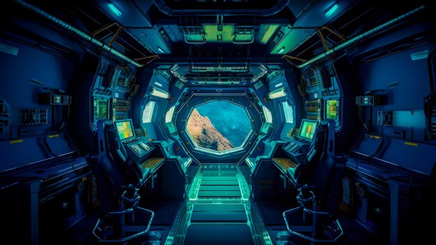 Foto l'interno della nave spaziale con vista sulle montagne ai generativa