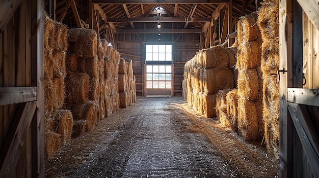 Foto all'interno di un ampio fienile, le balle di fieno impilate accuratamente, la luce solare scorre attraverso le finestre.