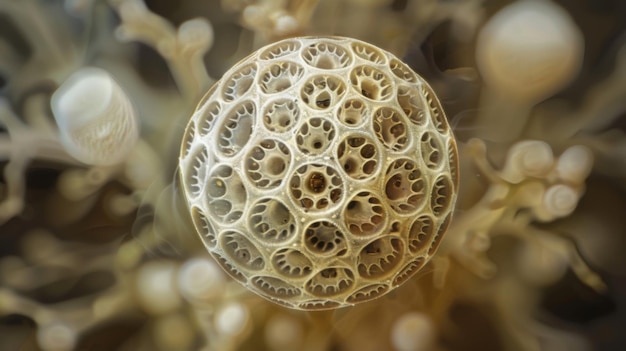 The inside of a sporangium revealing a world of tiny spores packed tightly together in a spherical