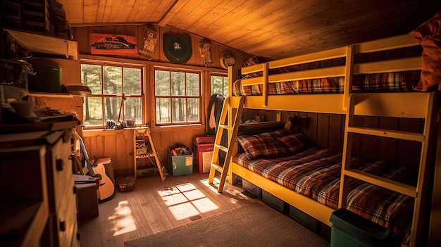 The inside of a summer camp cabin