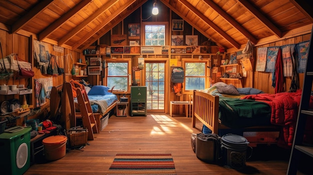 The inside of a summer camp cabin