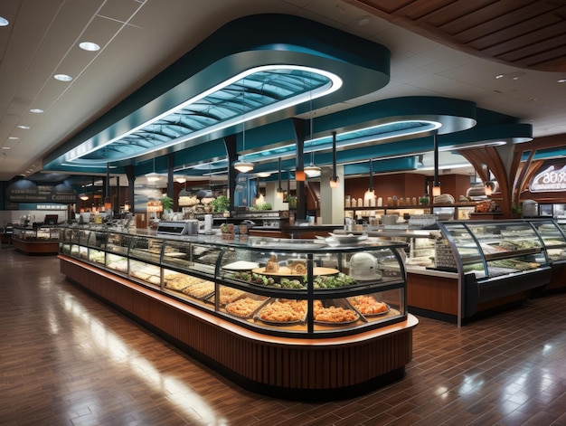 An inside of a supermarket with shelves and display cabinet glass parquet floor and light from bulbs Generative AI