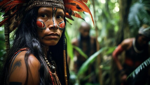 写真 アマゾンの森の大きな木々の中のヤノマミ族の女性の美しい写真