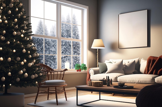 The inside of this amazing and warm Christmas living room features a shelf a boucle chair a pouf a mock up poster a Christmas tree gifts decorations lights a large window and stylish accessor