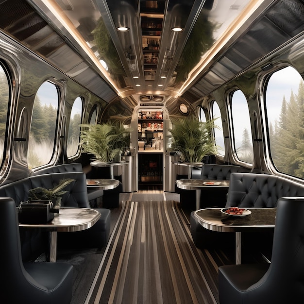 inside a train with tables and chairs