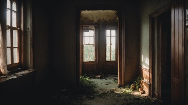 壊れた廊下の端に光が差し込む窓が見える廃屋の内観