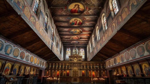 Inside view of a church with religious icons on the walls and windows