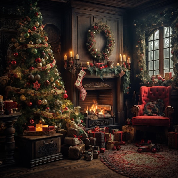 Вид изнутри на дом, готовый к Рождеству
