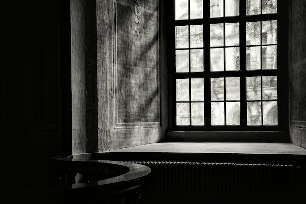 An inside view of a vintage window in the cathedral, sunbeams falling into the dark space