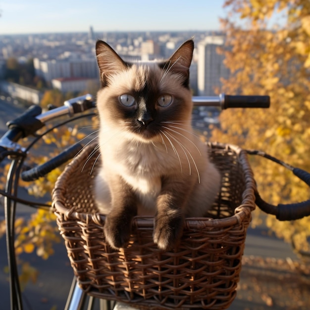 籐かごの自転車の中の怒っている猫の画像 生成AI