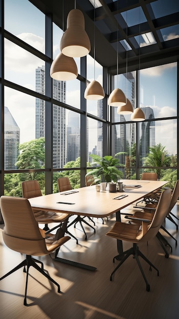 Inside a wooden office space features a meeting table chairs and a panoramic view